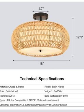 Woven Rattan Semi-Flush Ceiling Light - Natural